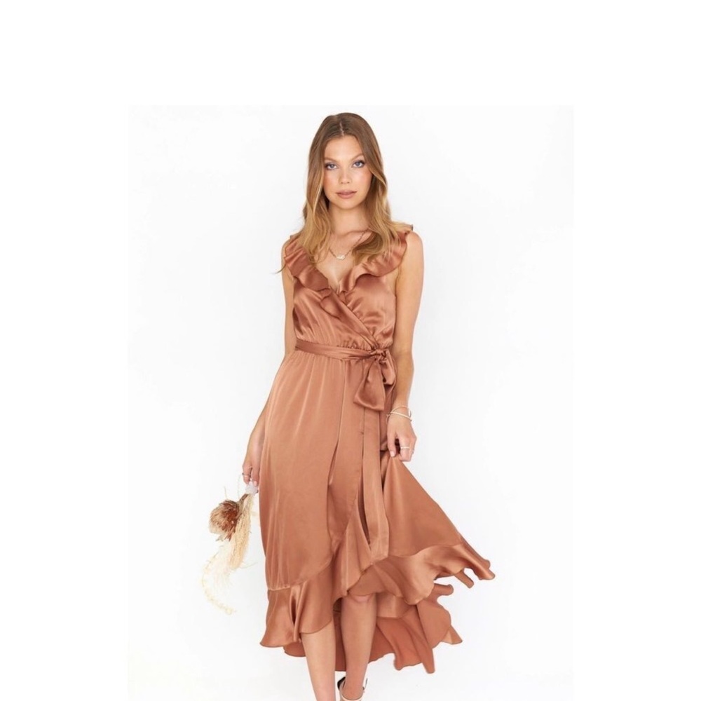 Show Me Your MuMu Samantha Ruffle Wrap Dress in Copper Luxe Satin with Sash